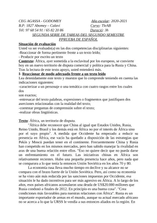Première page de Espagnol 4e ML, 3e ML, 2nde A, 2nde B, 1ère A, 1ère B, Tle A1, Tle B — 2020-2021 · CEG Agassa Godomey