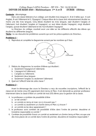 Première page de Mathématiques 1ère A1, 1ère A2, 1ère B — Devoir surveillé (2019-2020) · CPEG Roger LAFIA