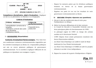 Première page de Histoire-Géographie Tle C, Tle D — Devoir surveillé (2018-2019) · LJF-B/A