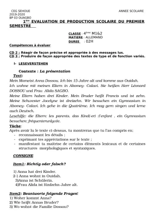 Première page de Allemand 4e ML, 3e ML — 1re production scolaire, 1er semestre (2019-2020) · CEG SEHOUE