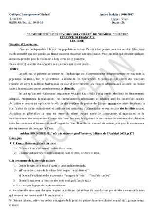 Première page de Français 3e, 3e ML — 1er devoir surveillé, 1er semestre (2017-2018) · CEG l'Océan