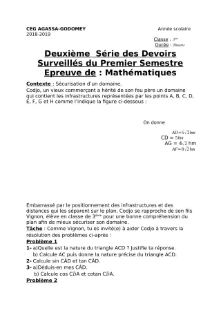 Première page de Mathématiques 3e — 2e devoir surveillé, 1er semestre (2018-2019) · CEG Agassa Godomey
