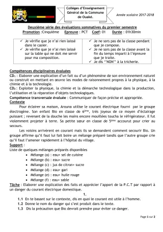 Première page de PCT 5e — 2e évaluation sommative, 1er semestre (2017-2018) · CEG C.P de Dompago