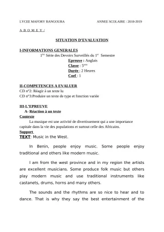Première page de Anglais 5e — 1er devoir surveillé, 1er semestre (2018-2019) · Lycée Houegbadja d'Abomey (Ex Mafory Bangoura)