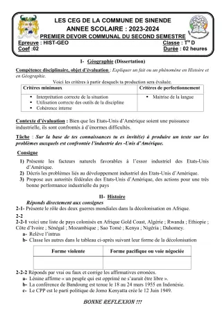 Première page de Histoire-Géographie Tle D — 1er devoir surveillé, 2e semestre (2023-2024) · CEG SEKERE