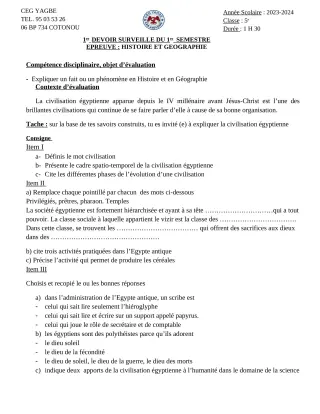 Première page de Histoire-Géographie 5e — 1er devoir surveillé, 1er semestre (2023-2024) · CEG Yagbe