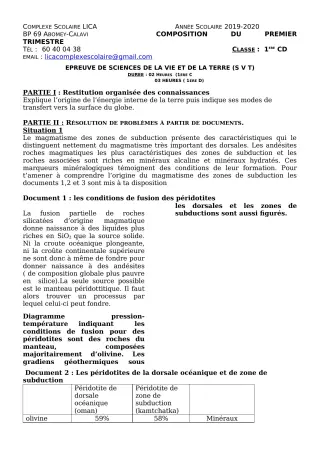 Première page de SVT 1ère C, 1ère D — 1re composition, 1er trimestre (2019-2020) · CPEG LICA