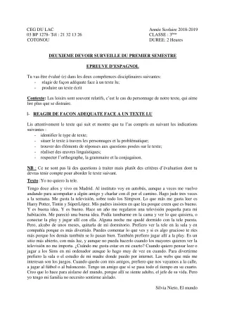 Première page de Espagnol Tle A2, Tle B — 2e devoir surveillé, 1er semestre (2018-2019) · CEG du Lac