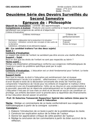 Première page de Philosophie 2nde A & B, 2nde C, 2nde D, 1ère A, 1ère A2, 1ère B, 1ère C, 1ère D, Tle A2, Tle C, Tle D — 2e devoir surveillé, 2e semestre (2019-2020) · CEG Agassa Godomey
