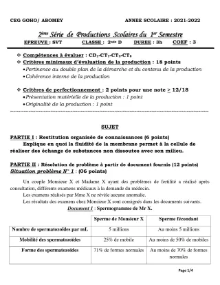 Première page de SVT 2nde D — 2e production scolaire, 1er semestre (2021-2022) · CEG GOHO