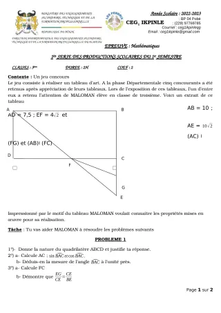 Première page de Mathématiques 3e — 1re production scolaire, 1er semestre (2022-2023) · CEG1 Ikpinlè