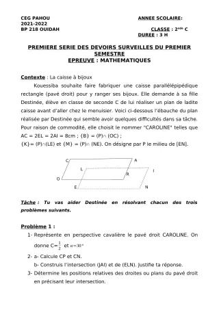 Première page de Mathématiques 2nde C — 1er devoir surveillé, 1er semestre (2021-2022) · CEG PAHOU