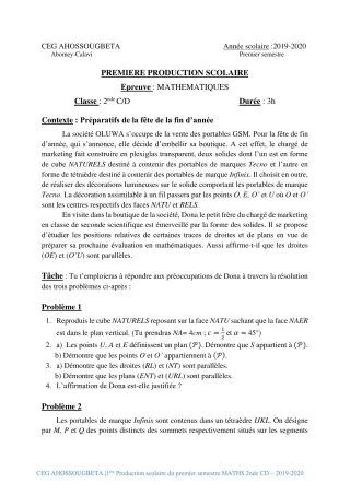 Première page de Mathématiques 2nde C, 2nde D — 1re production scolaire, 1er semestre (2019-2020) · CEG Ahossougbéta