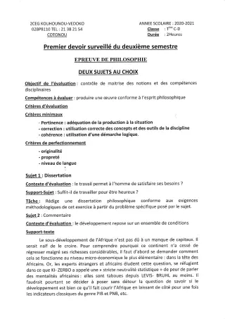 Première page de Philosophie Tle C, Tle D — 1er devoir surveillé, 2e semestre (2020-2021) · CEG Kouhounou-Vêdoko