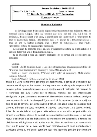 Première page de Français Tle A & B, Tle A2, Tle C, Tle D — 1er devoir surveillé, 2e semestre (2018-2019) · CEG Banikanni
