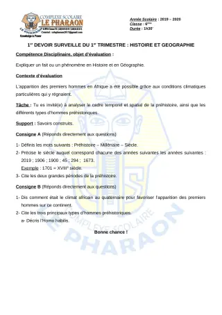 Première page de Histoire-Géographie 6e — 1er devoir surveillé, 1er trimestre (2019-2020) · CPEG LE PHARAON