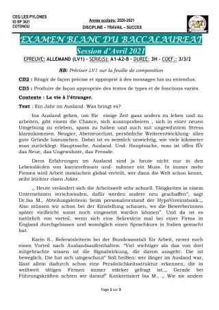Première page de Allemand Tle A1, Tle A2, Tle B — Composition (2020-2021) · CEG Les Pylônes