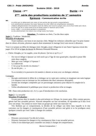 Première page de Français 3e, 3e ML — 2e production scolaire, 1er semestre (2018-2019) · CEG3 Pobè (Akouho)