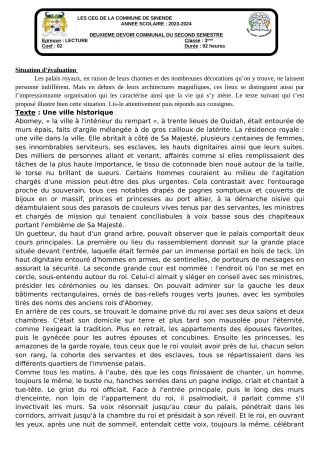 Première page de Français 3e — 2e devoir surveillé, 2e semestre (2023-2024) · CEG SEKERE