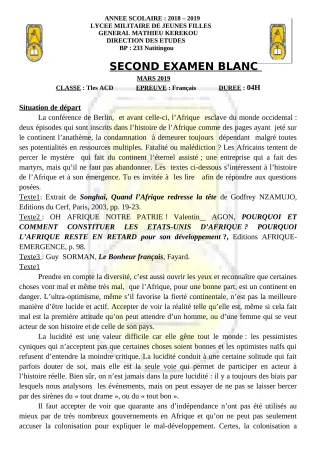 Première page de Devoir surveillé de FRANCAIS — 6e, 5e, 4e, 3e, 2nde A2, 2nde C, 2nde D, 1ère A2, 1ère C, 1ère D, Tle A2, Tle C, Tle D — LMJFGMK (2018)