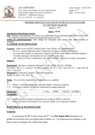 Première page de PCT 5e — Production scolaire, 2e semestre (2020-2021) · CEG Sainte Rita