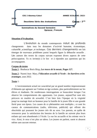 Première page de Français 2nde A & B — Interrogation, 2e semestre (2022-2023) · CEG2 ABOMEY - CALAVI (CEG ZOCA)