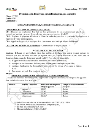 Première page de PCT 3e — 1er devoir surveillé, 2e semestre (2019-2020) · CEG 2 Allada