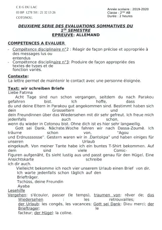 Première page de Allemand 2nde A, 2nde B — 2e évaluation sommative, 1er semestre (2019-2020) · CEG du Lac