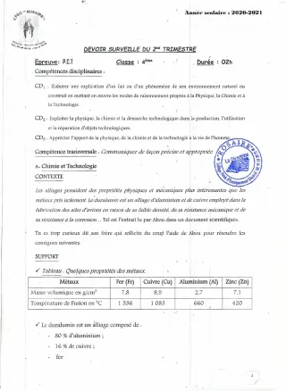Première page de PCT 4e — 1er devoir surveillé (2020-2021) · CPEG ROSAIRE