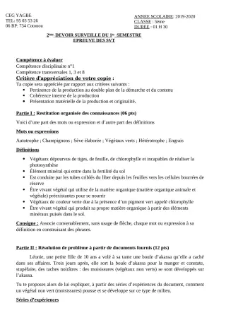 Première page de SVT 5e — 2e devoir surveillé, 1er semestre (2019-2020) · CEG Yagbe