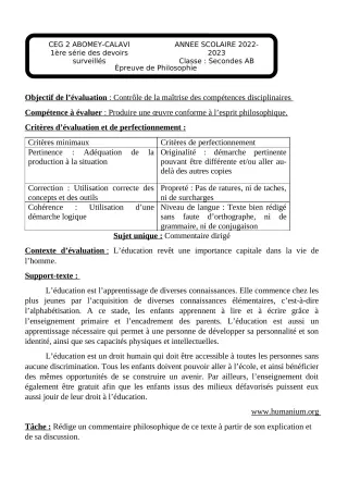 Première page de Philosophie 2nde A & B — 1er devoir surveillé, 2e semestre (2022-2023) · CEG2 ABOMEY - CALAVI (CEG ZOCA)