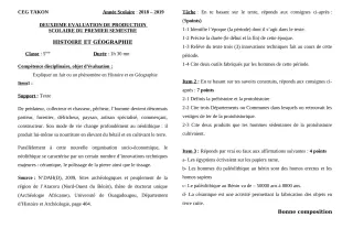 Première page de Histoire-Géographie 6e, 5e, 4e, 4e ML, 3e, 3e ML, 2nde A2, 2nde D, 1ère A2, 1ère D, Tle A1, Tle A2, Tle D — 2e production scolaire, 1er semestre (2018-2019) · CEG Takon