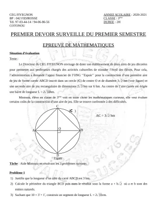 Première page de Mathématiques 3e, 3e ML — 1er devoir surveillé, 1er semestre (2020-2021) · CEG FIYEGNON