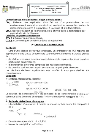 Première page de PCT Tle D — 1er devoir surveillé, 2e semestre (2019-2020) · CEG 1 Comè