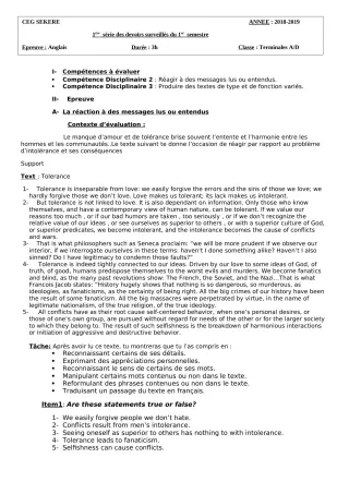 Première page de Anglais Tle A2, Tle D — 1er devoir surveillé, 1er semestre (2018-2019) · CEG SEKERE