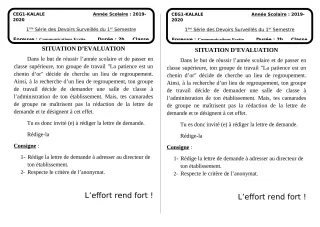 Première page de Français 4e, 4e ML — 1er devoir surveillé, 1er semestre (2019-2020) · CEG1 Kalalé
