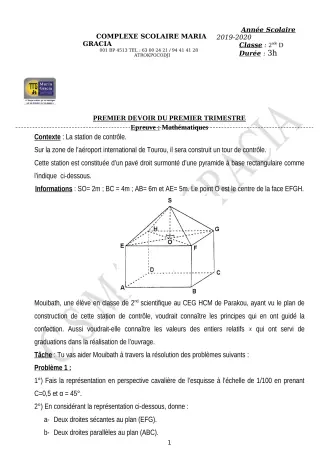Première page de Mathématiques 2nde C, 2nde D — 1er devoir surveillé, 1er trimestre (2019-2020) · CPEG MARIA GRACIA