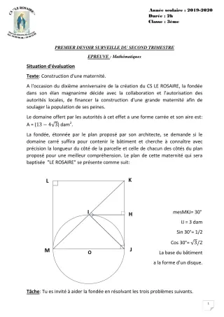 Première page de Mathématiques 3e, 3e ML — 1er devoir surveillé, 2e trimestre (2019-2020) · CPEG ROSAIRE