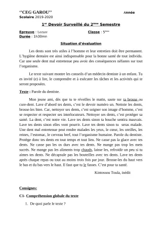 Première page de Français 5e — 1er devoir surveillé, 2e semestre (2019-2020) · CEG GAROU