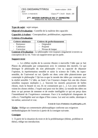 Première page de Philosophie 2nde C, 2nde D — 2e devoir surveillé, 1er semestre (2018-2019) · CEG OKEDAMA