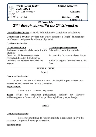 Première page de Philosophie 1ère A2, 1ère B, 1ère C, 1ère D — 2e devoir surveillé, 1er trimestre (2023-2024) · CPEG SAINT Justin