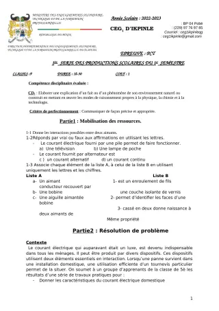 Première page de PCT 5e — 1re production scolaire, 1er semestre (2022-2023) · CEG1 Ikpinlè