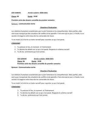 Première page de Français 6e — 1er devoir surveillé, 1er semestre (2020-2021) · CEG Ganvié