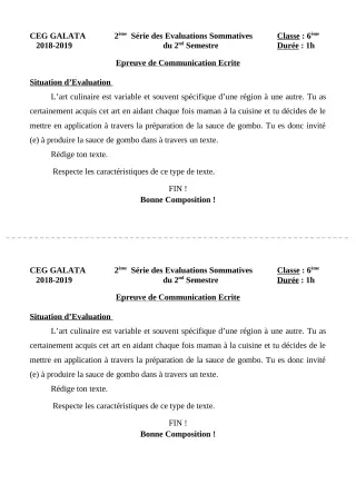Première page de Français 6e, 5e, 4e, 4e ML, 3e, 3e ML — 2e évaluation sommative, 2e semestre (2018-2019) · CEG Galata