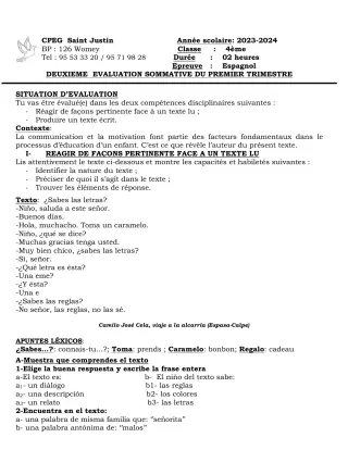 Première page de Espagnol 4e, 3e, 2nde A2, 2nde B, 1ère A2, 1ère B, Tle A2, Tle B — 2e évaluation sommative, 1er trimestre (2023-2024) · CPEG SAINT Justin