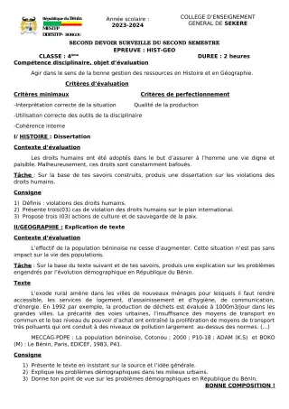 Première page de Histoire-Géographie 4e — 2e devoir surveillé, 2e semestre (2023-2024) · CEG SEKERE