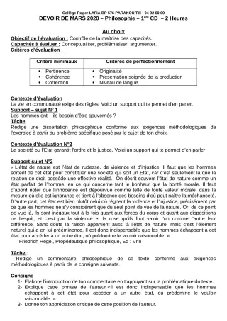 Première page de Philosophie 1ère C, 1ère D — Devoir surveillé (2019-2020) · CPEG Roger LAFIA