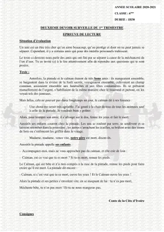 Première page de Français 6e, 5e, 4e, 4e ML, 3e, 3e ML, 2nde B, 2nde D, 1ère A2, 1ère B, 1ère D, Tle A2, Tle B, Tle D — 2e devoir surveillé, 1er trimestre (2020-2021) · CPEG LA RECADE