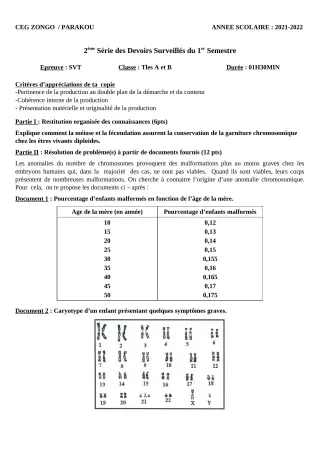 Première page de SVT Tle A1, Tle A2, Tle B — 2e devoir surveillé, 1er semestre (2021-2022) · CEG ZONGO