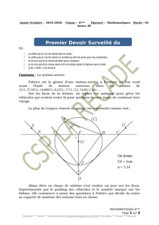 Première page de Mathématiques 6e, 5e, 4e, 3e, 2nde B, 2nde D, 1ère B, 1ère D — 1er devoir surveillé, 2e trimestre (2019-2020) · CPEG LA RECADE